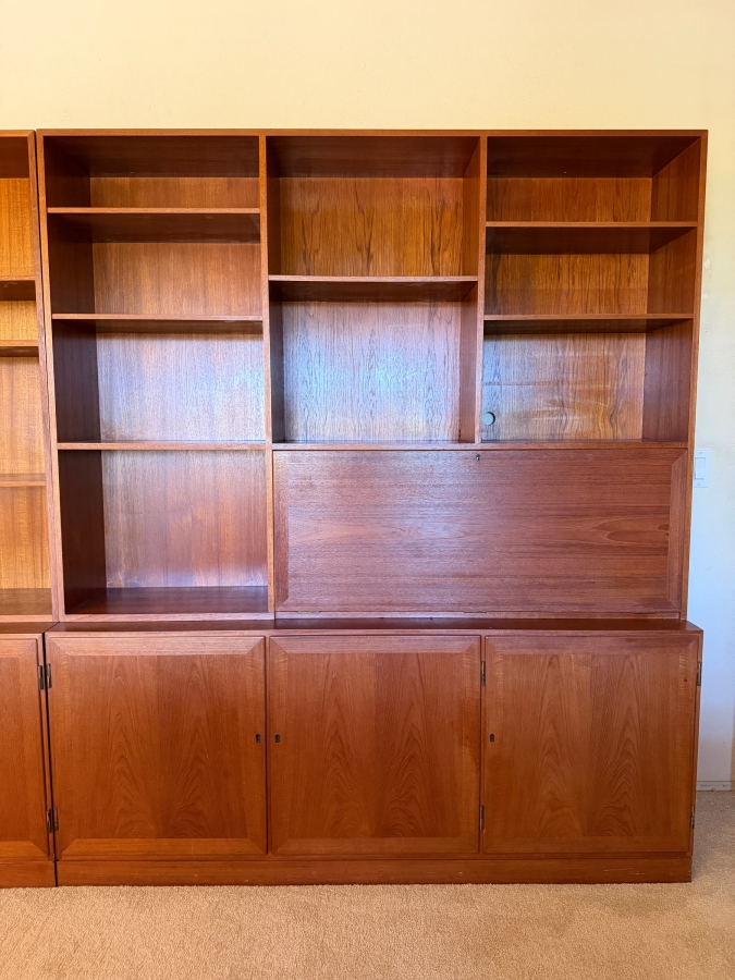Mid-Century Modern Danish Teak Two Piece Wall Unit Hutch Featuring Open Shelving And Drop Down Secretary Desk Above A Three Door Credenza Base 64'W X 16'D X 75'H [Photo 2]
