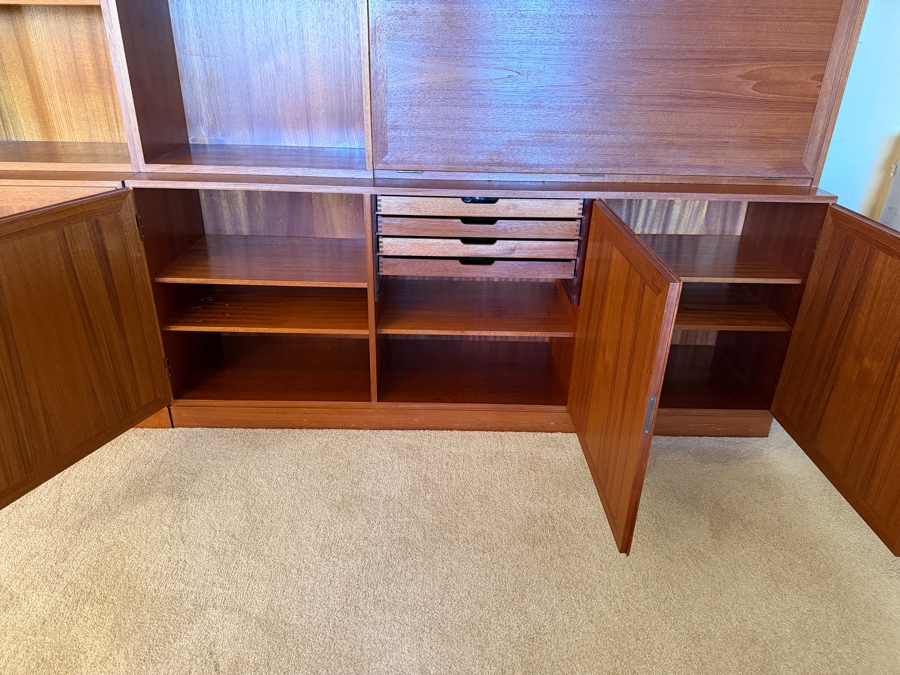 Mid-Century Modern Danish Teak Two Piece Wall Unit Hutch Featuring Open Shelving And Drop Down Secretary Desk Above A Three Door Credenza Base 64'W X 16'D X 75'H [Photo 6]