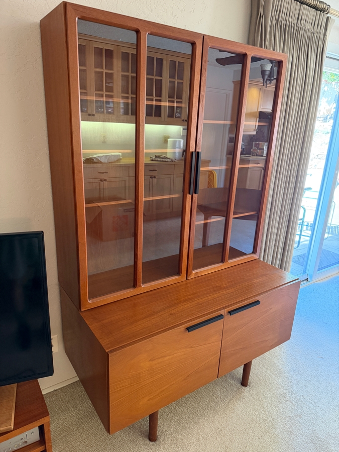 Mid-Century Modern Ib Kofod-Larsen For Faarup Møbelfabrik Danish Teak Two Piece China Cabinet Hutch Featuring Black Pull Handles With Danish Control Label 45W X 23D X 72.5H [Photo 5]