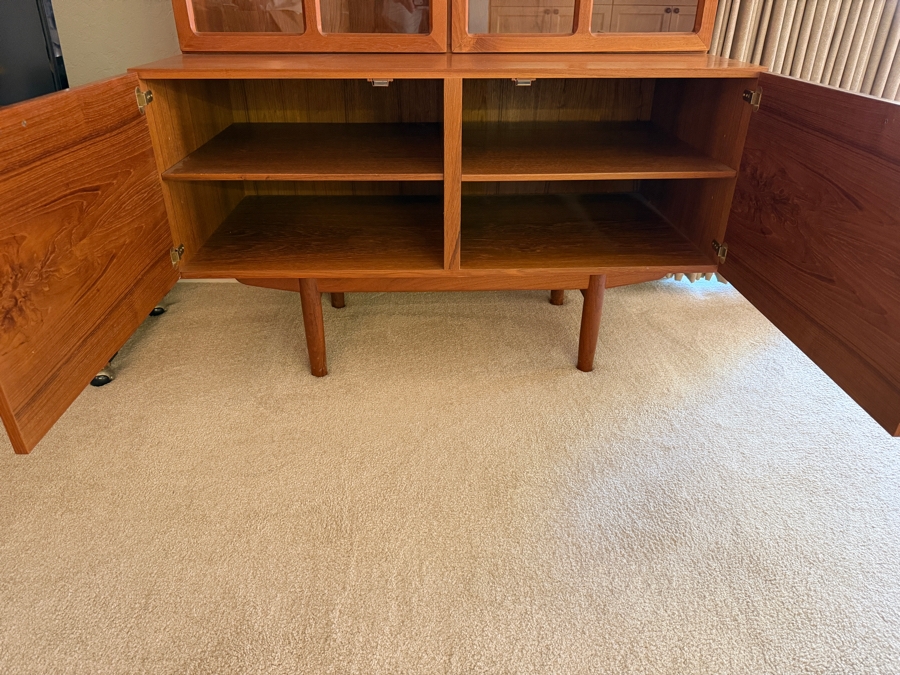 Mid-Century Modern Ib Kofod-Larsen For Faarup Møbelfabrik Danish Teak Two Piece China Cabinet Hutch Featuring Black Pull Handles With Danish Control Label 45W X 23D X 72.5H [Photo 4]