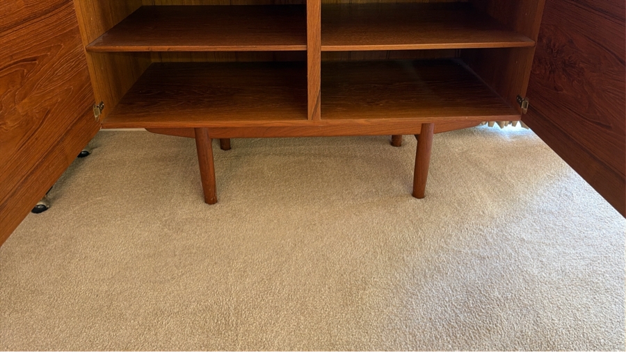 Mid-Century Modern Ib Kofod-Larsen For Faarup Møbelfabrik Danish Teak Two Piece China Cabinet Hutch Featuring Black Pull Handles With Danish Control Label 45W X 23D X 72.5H [Photo 3]