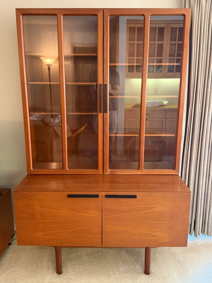 Mid-Century Modern Ib Kofod-Larsen For Faarup Møbelfabrik Danish Teak Two Piece China Cabinet Hutch Featuring Black Pull Handles With Danish Control Label 45W X 23D X 72.5H [Photo 2]