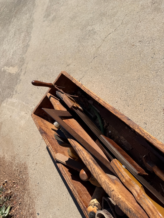 Vintage Rustic Handmade Wooden Carpenters Tool Tote Box Caddy Filled With Assorted Hand Tools Including Saws Framing Square Pry Bars And Mallet [Photo 6]