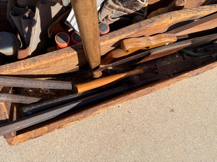 Vintage Rustic Handmade Wooden Carpenters Tool Tote Box Caddy Filled With Assorted Hand Tools Including Saws Framing Square Pry Bars And Mallet [Photo 5]
