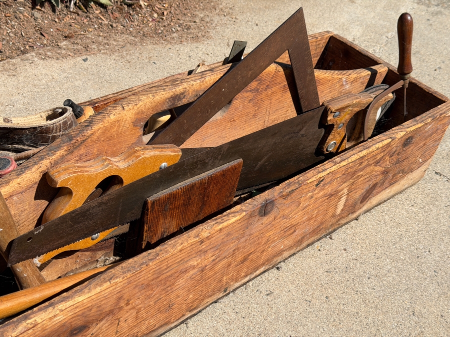 Vintage Rustic Handmade Wooden Carpenters Tool Tote Box Caddy Filled With Assorted Hand Tools Including Saws Framing Square Pry Bars And Mallet [Photo 2]