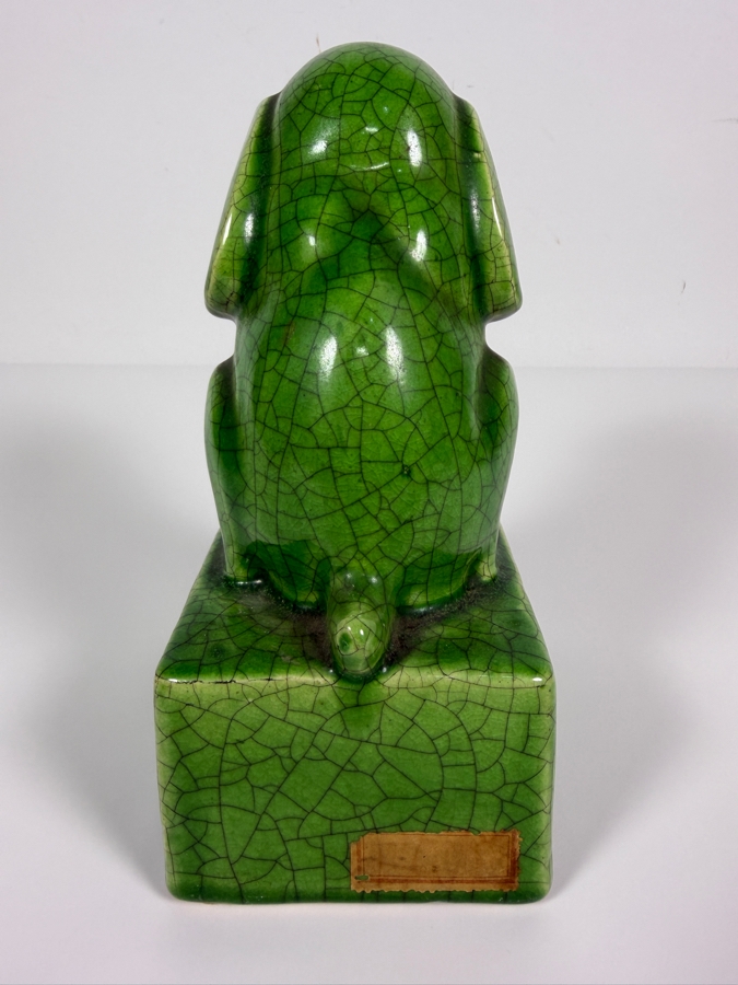 Vintage Japanese Art Deco Celadon Green Crackle Glaze Sitting Hound Dog Ceramic Bookend Sculpture On A Rectangular Plinth Base 7'H [Photo 4]