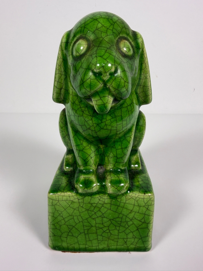 Vintage Japanese Art Deco Celadon Green Crackle Glaze Sitting Hound Dog Ceramic Bookend Sculpture On A Rectangular Plinth Base 7'H [Photo 2]