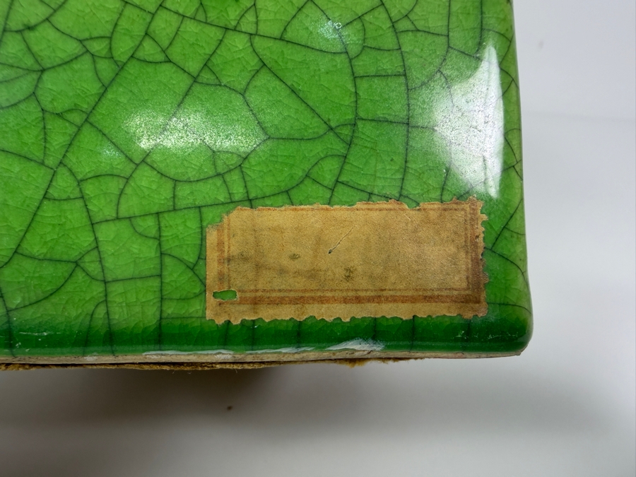 Vintage Japanese Art Deco Celadon Green Crackle Glaze Sitting Hound Dog Ceramic Bookend Sculpture On A Rectangular Plinth Base 7'H [Photo 5]