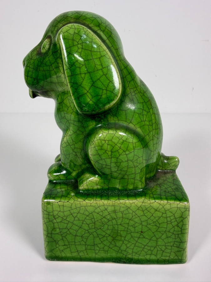 Vintage Japanese Art Deco Celadon Green Crackle Glaze Sitting Hound Dog Ceramic Bookend Sculpture On A Rectangular Plinth Base 7'H [Photo 3]
