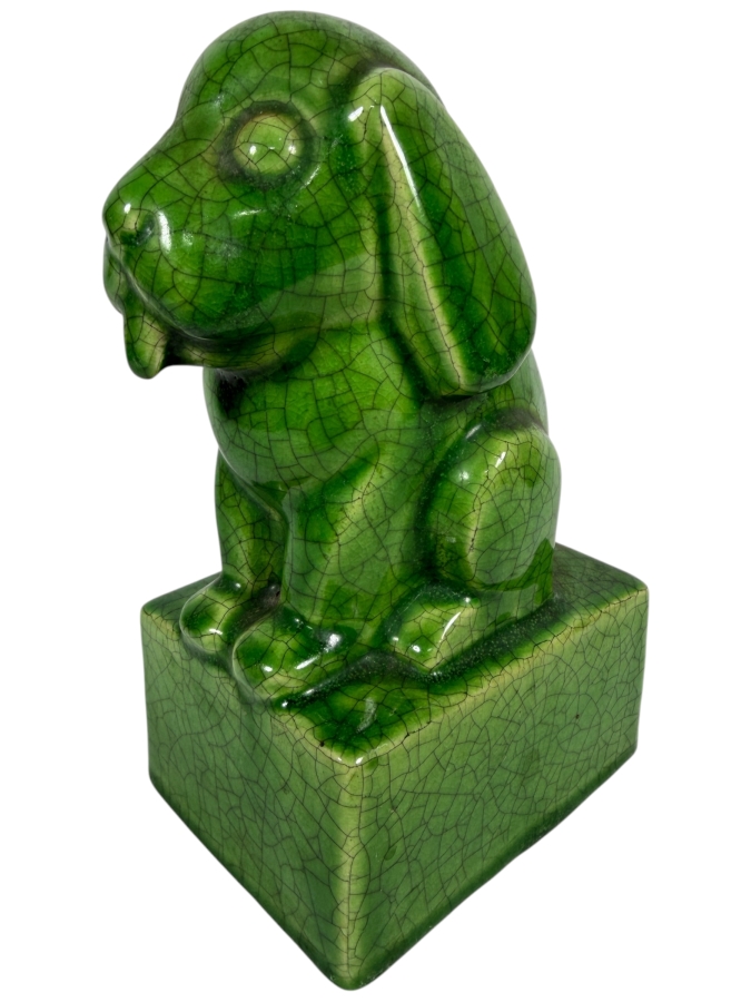 Vintage Japanese Art Deco Celadon Green Crackle Glaze Sitting Hound Dog Ceramic Bookend Sculpture On A Rectangular Plinth Base 7'H