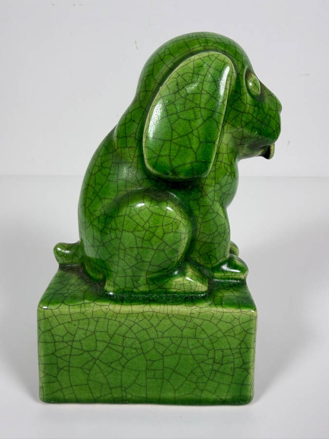 Vintage Japanese Art Deco Celadon Green Crackle Glaze Sitting Hound Dog Ceramic Bookend Sculpture On A Rectangular Plinth Base 7'H [Photo 6]