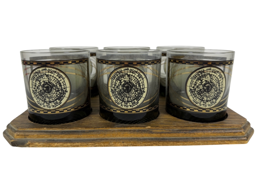 Vintage Mid-Century Modern Cera Glass Old World Hemisphere Map Smoked Lowball Whiskey Glasses Six Piece Set With Fitted Wooden Caddy Presentation Tray 12'W X 8'D X 3'h