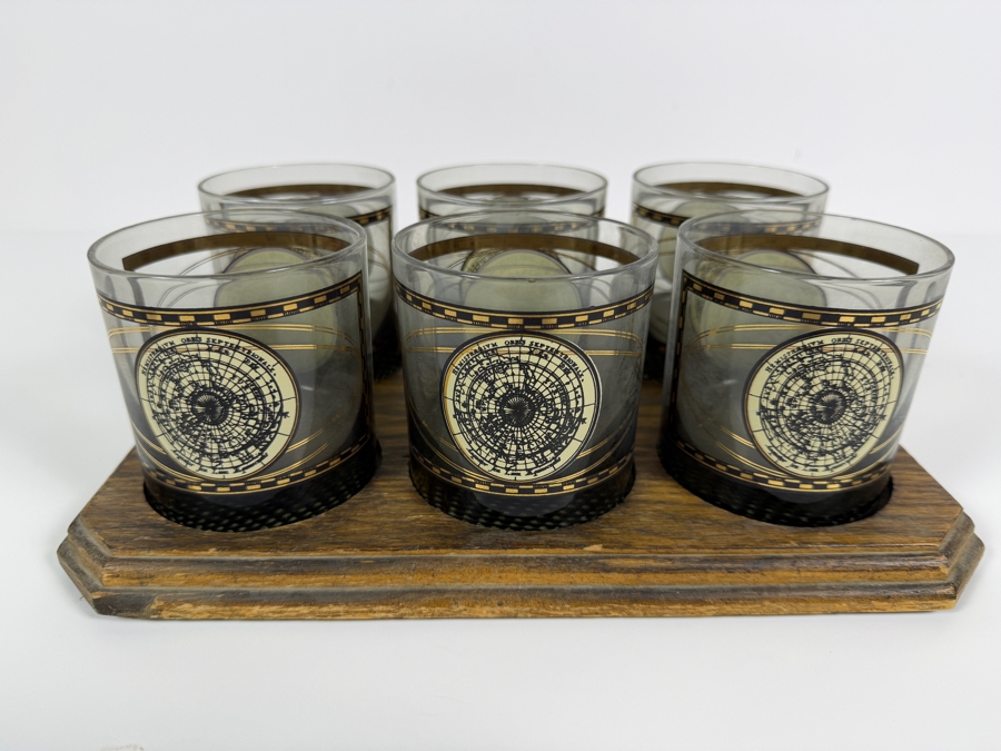 Vintage Mid-Century Modern Cera Glass Old World Hemisphere Map Smoked Lowball Whiskey Glasses Six Piece Set With Fitted Wooden Caddy Presentation Tray 12'W X 8'D X 3'h [Photo 2]