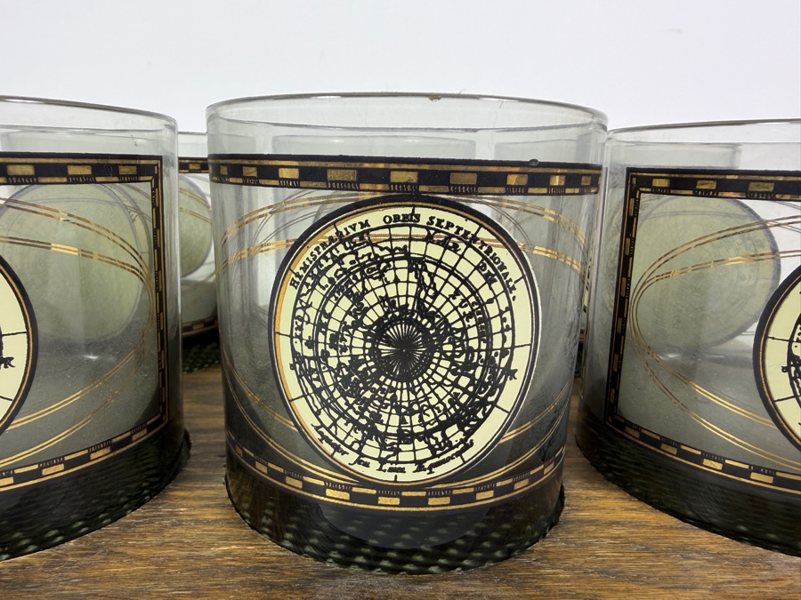 Vintage Mid-Century Modern Cera Glass Old World Hemisphere Map Smoked Lowball Whiskey Glasses Six Piece Set With Fitted Wooden Caddy Presentation Tray 12'W X 8'D X 3'h [Photo 3]