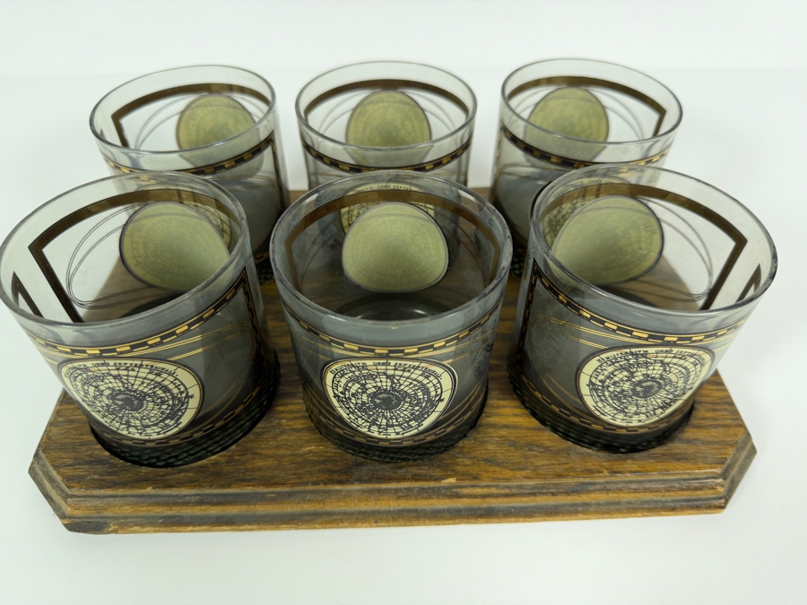 Vintage Mid-Century Modern Cera Glass Old World Hemisphere Map Smoked Lowball Whiskey Glasses Six Piece Set With Fitted Wooden Caddy Presentation Tray 12'W X 8'D X 3'h [Photo 4]