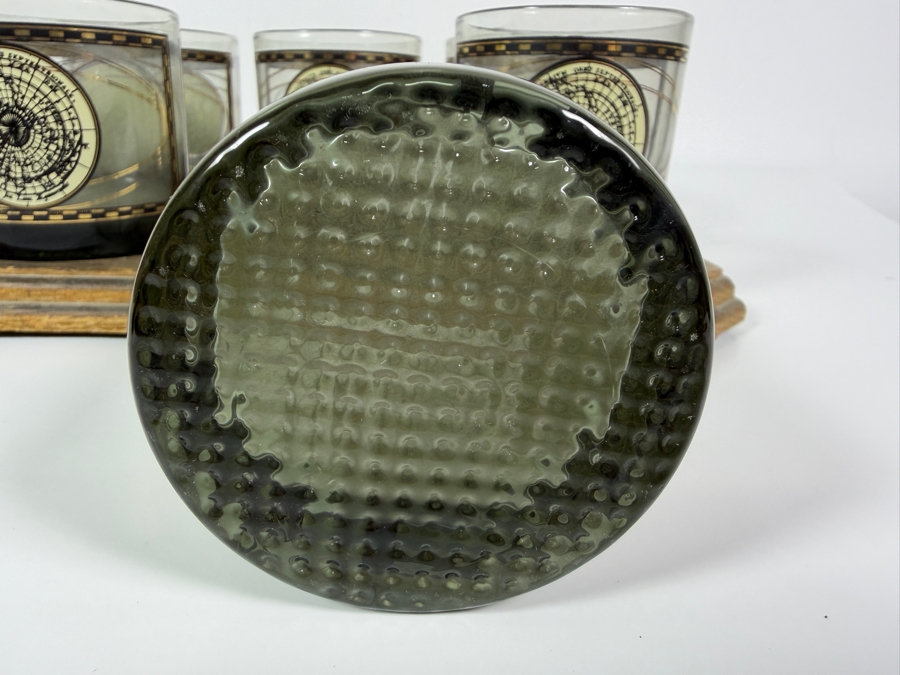 Vintage Mid-Century Modern Cera Glass Old World Hemisphere Map Smoked Lowball Whiskey Glasses Six Piece Set With Fitted Wooden Caddy Presentation Tray 12'W X 8'D X 3'h [Photo 5]