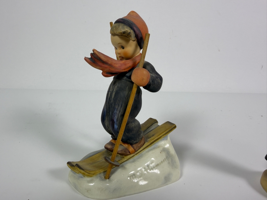 Two Vintage Goebel Hummel Porzellan German Figurine Sculptures Featuring Little Skier Number Fifty Nine And Skier Boy Running Home 4' - 5'H [Photo 3]