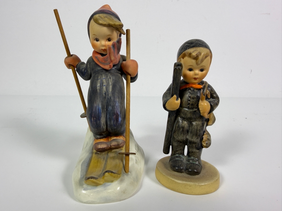 Two Vintage Goebel Hummel Porzellan German Figurine Sculptures Featuring Little Skier Number Fifty Nine And Skier Boy Running Home 4' - 5'H [Photo 2]