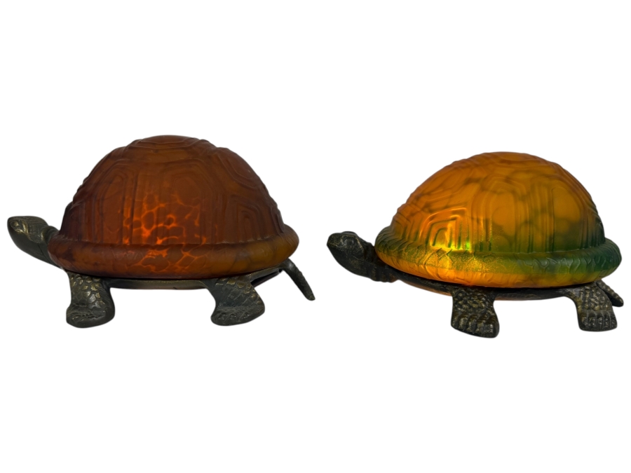 Pair Of Turtle Accent Nightlight Lamps Featuring Textured Frosted Glass Shell Shades 8'W X 4'H