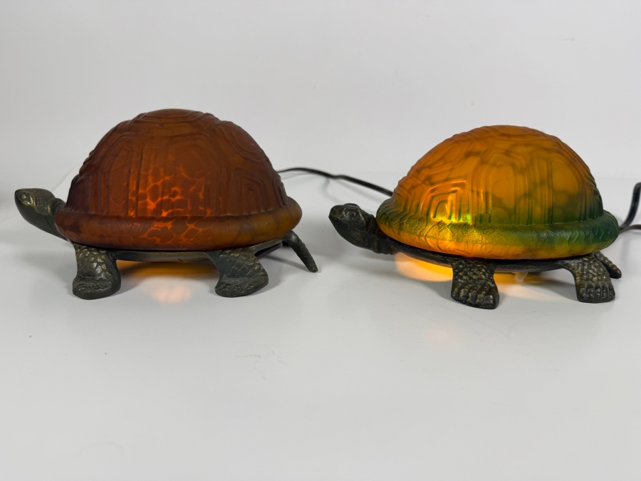 Pair Of Turtle Accent Nightlight Lamps Featuring Textured Frosted Glass Shell Shades 8'W X 4'H [Photo 2]