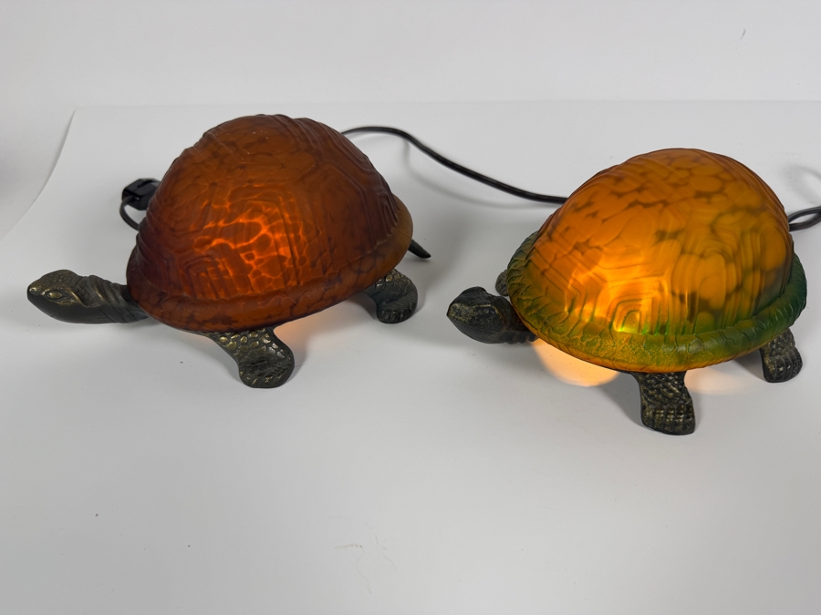 Pair Of Turtle Accent Nightlight Lamps Featuring Textured Frosted Glass Shell Shades 8'W X 4'H [Photo 4]