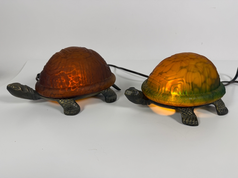 Pair Of Turtle Accent Nightlight Lamps Featuring Textured Frosted Glass Shell Shades 8'W X 4'H [Photo 3]