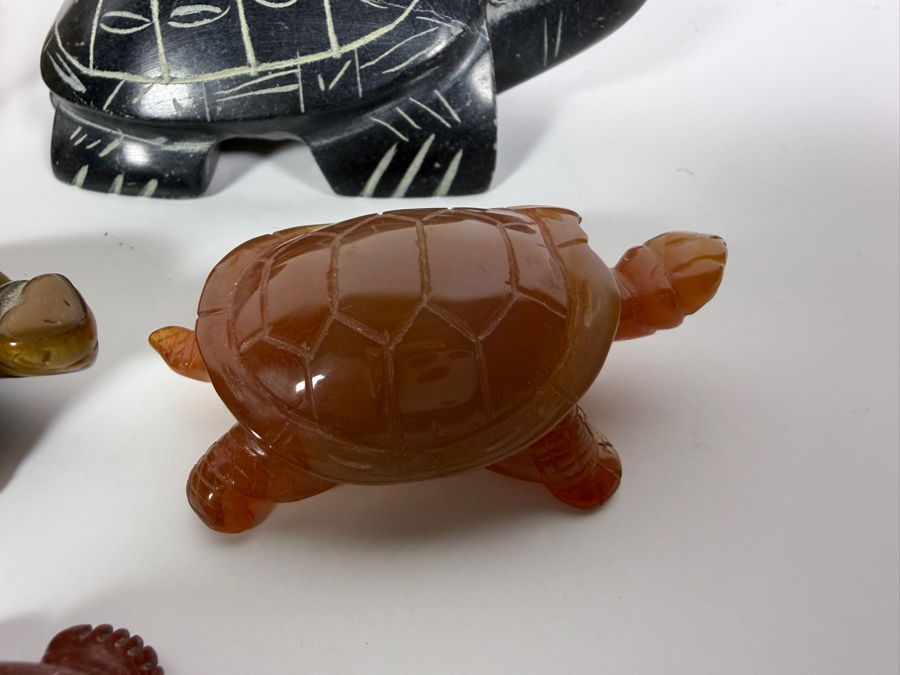 Collection Of Seven Vintage Hand Carved Semi Precious Stone And Mineral Figural Sea Turtle Sculptures Including Carnelian, Agate, Tiger Eye, Soapstone And Pipestone [Photo 6]