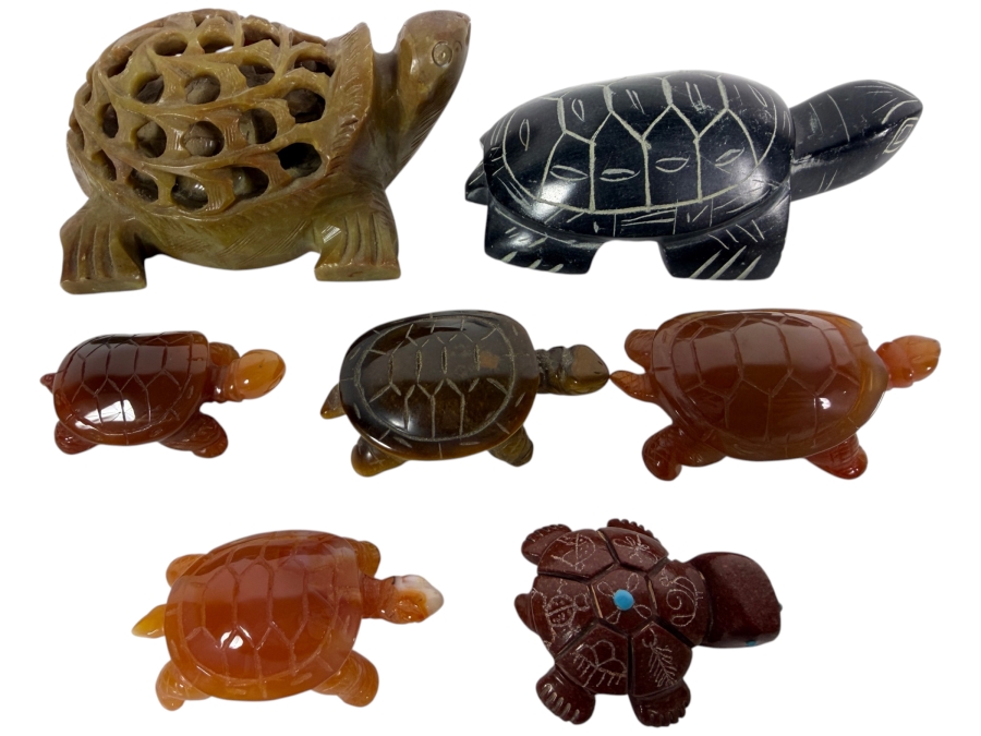 Collection Of Seven Vintage Hand Carved Semi Precious Stone And Mineral Figural Sea Turtle Sculptures Including Carnelian, Agate, Tiger Eye, Soapstone And Pipestone