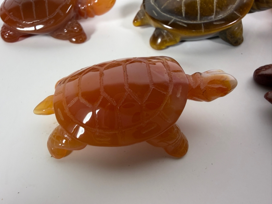 Collection Of Seven Vintage Hand Carved Semi Precious Stone And Mineral Figural Sea Turtle Sculptures Including Carnelian, Agate, Tiger Eye, Soapstone And Pipestone [Photo 4]