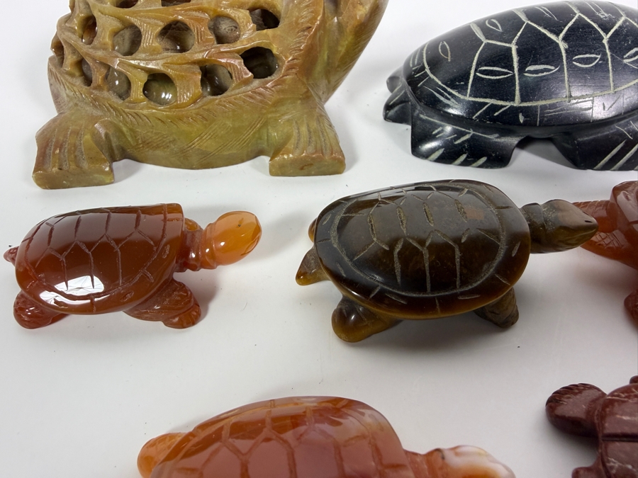 Collection Of Seven Vintage Hand Carved Semi Precious Stone And Mineral Figural Sea Turtle Sculptures Including Carnelian, Agate, Tiger Eye, Soapstone And Pipestone [Photo 5]