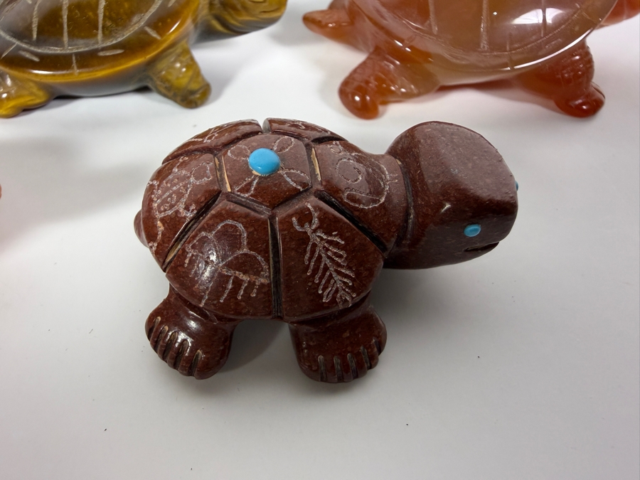 Collection Of Seven Vintage Hand Carved Semi Precious Stone And Mineral Figural Sea Turtle Sculptures Including Carnelian, Agate, Tiger Eye, Soapstone And Pipestone [Photo 2]