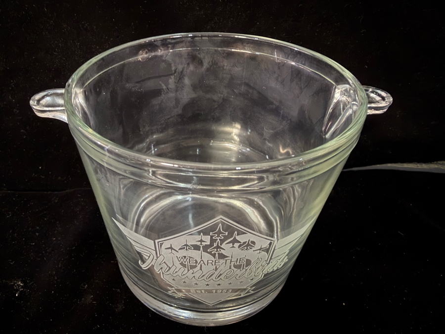 United States Air Force Thunderbirds Sixtieth Anniversary Commemorative Heavy Clear Glass Ice Bucket Featuring Frosted Acid Etched Flight Formation Logo And Handles 5'H [Photo 3]