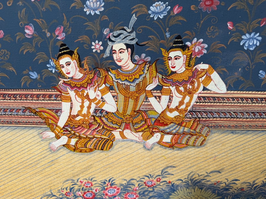 Large Vintage Hand-painted Four-Panel Room Divider Screen Artist Signed from Bangkok, Thailand (Heavy) 106'W X 71.5'H [Photo 4]