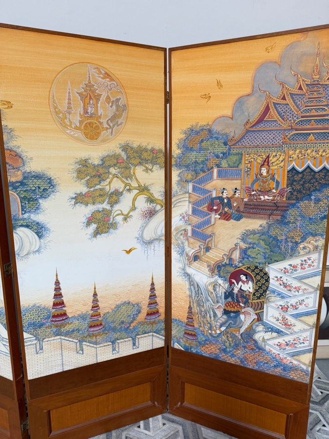 Large Vintage Hand-painted Four-Panel Room Divider Screen Artist Signed from Bangkok, Thailand (Heavy) 106'W X 71.5'H [Photo 7]