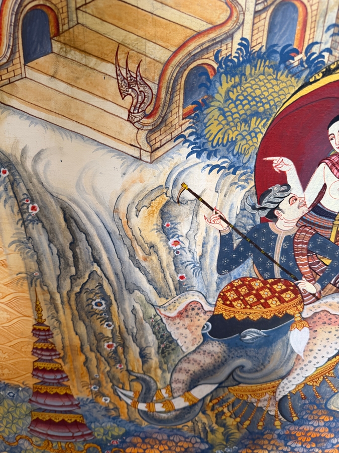 Large Vintage Hand-painted Four-Panel Room Divider Screen Artist Signed from Bangkok, Thailand (Heavy) 106'W X 71.5'H [Photo 10]