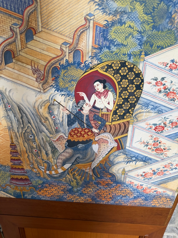 Large Vintage Hand-painted Four-Panel Room Divider Screen Artist Signed from Bangkok, Thailand (Heavy) 106'W X 71.5'H [Photo 9]