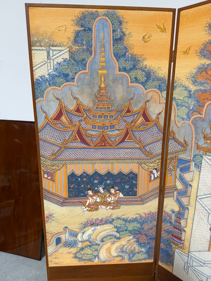 Large Vintage Hand-painted Four-Panel Room Divider Screen Artist Signed from Bangkok, Thailand (Heavy) 106'W X 71.5'H [Photo 3]