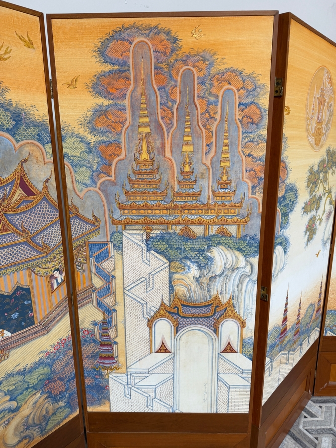 Large Vintage Hand-painted Four-Panel Room Divider Screen Artist Signed from Bangkok, Thailand (Heavy) 106'W X 71.5'H [Photo 5]