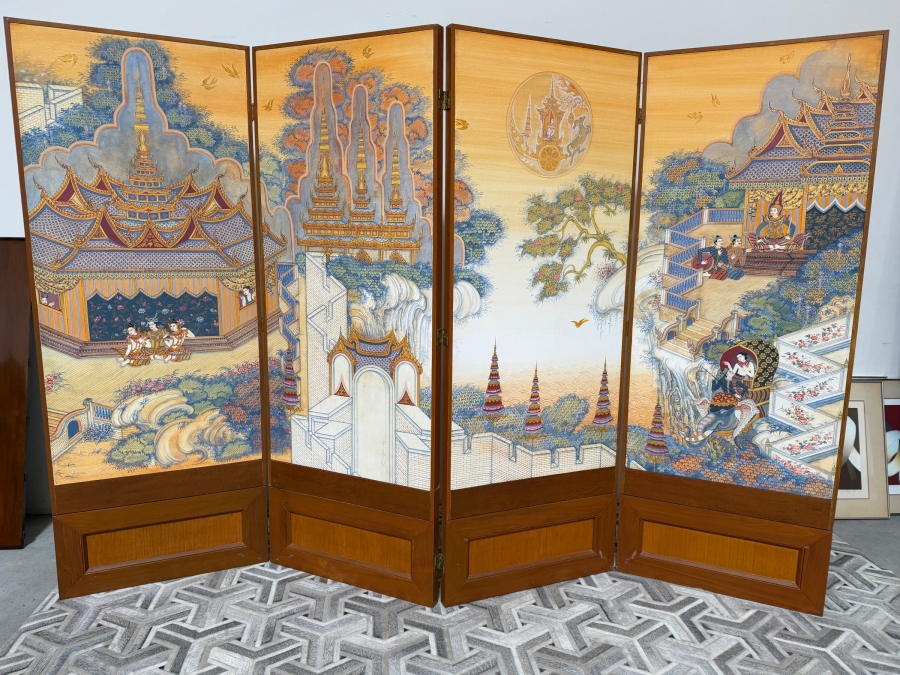Large Vintage Hand-painted Four-Panel Room Divider Screen Artist Signed from Bangkok, Thailand (Heavy) 106'W X 71.5'H [Photo 2]