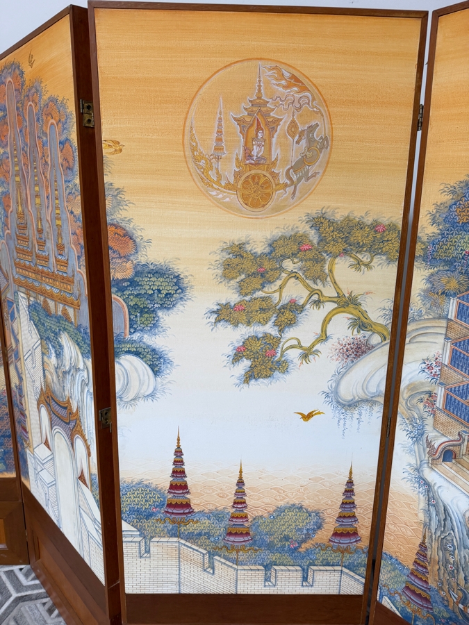 Large Vintage Hand-painted Four-Panel Room Divider Screen Artist Signed from Bangkok, Thailand (Heavy) 106'W X 71.5'H [Photo 11]