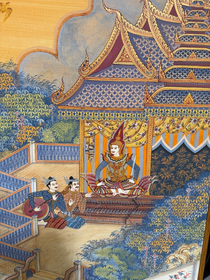 Large Vintage Hand-painted Four-Panel Room Divider Screen Artist Signed from Bangkok, Thailand (Heavy) 106'W X 71.5'H [Photo 8]