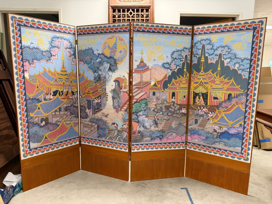 Large Vintage Hand-painted Four-Panel Room Divider Screen Artist Signed from Bangkok, Thailand (Heavy) 106'W X 69.5'H [Photo 2]