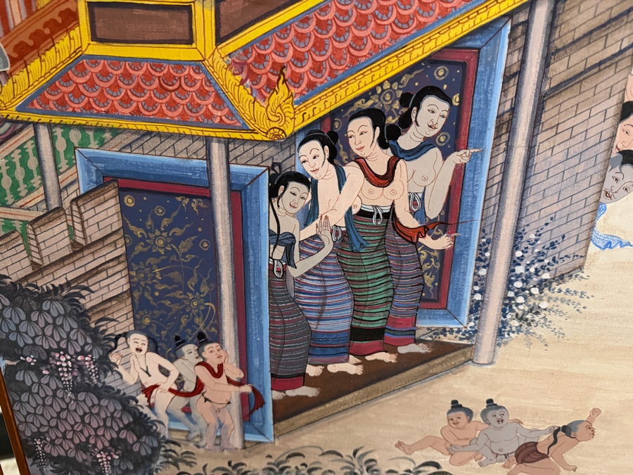 Large Vintage Hand-painted Four-Panel Room Divider Screen Artist Signed from Bangkok, Thailand (Heavy) 106'W X 69.5'H [Photo 9]