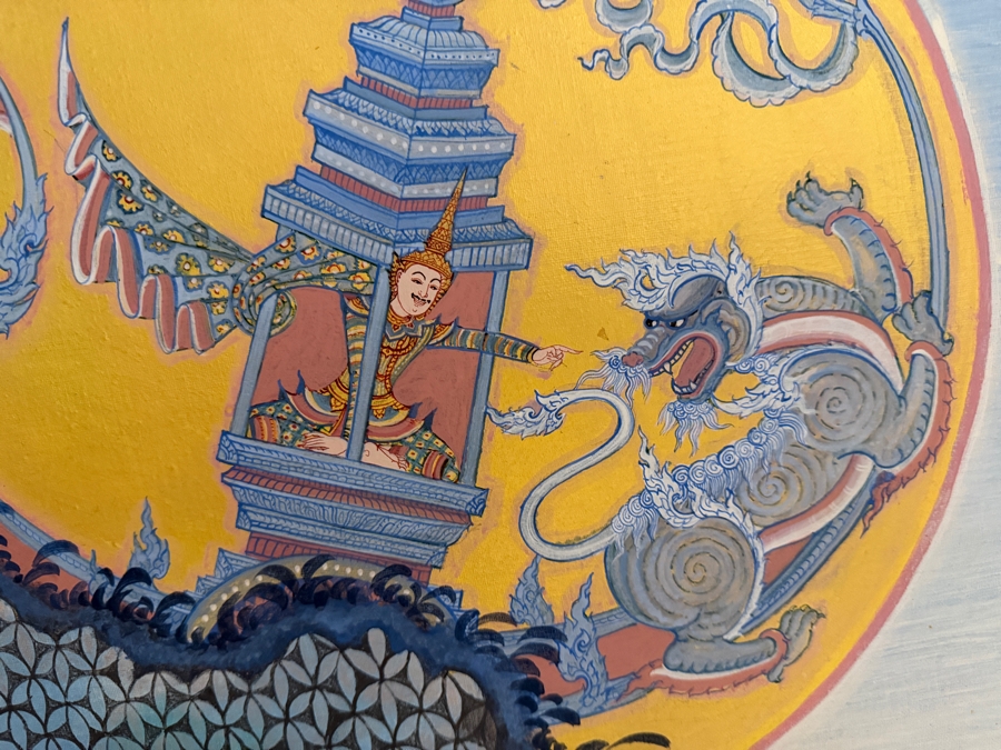 Large Vintage Hand-painted Four-Panel Room Divider Screen Artist Signed from Bangkok, Thailand (Heavy) 106'W X 69.5'H [Photo 6]