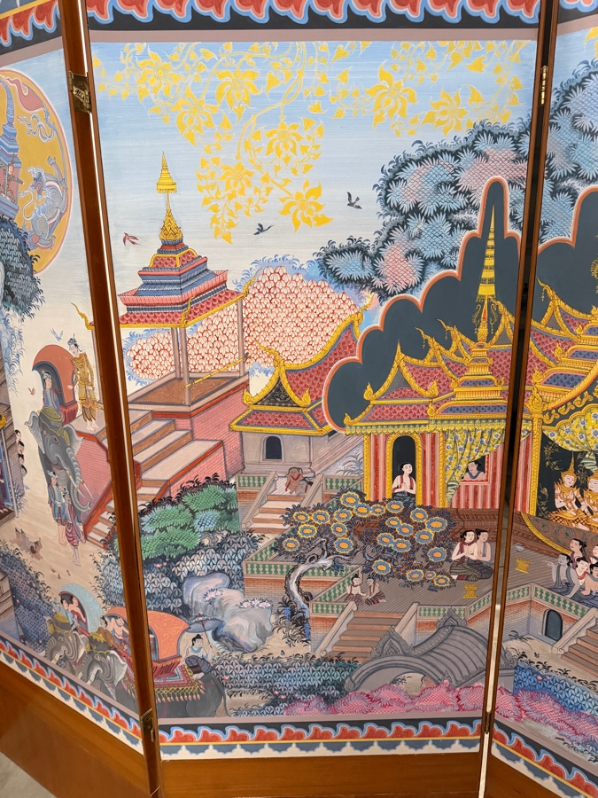 Large Vintage Hand-painted Four-Panel Room Divider Screen Artist Signed from Bangkok, Thailand (Heavy) 106'W X 69.5'H [Photo 10]