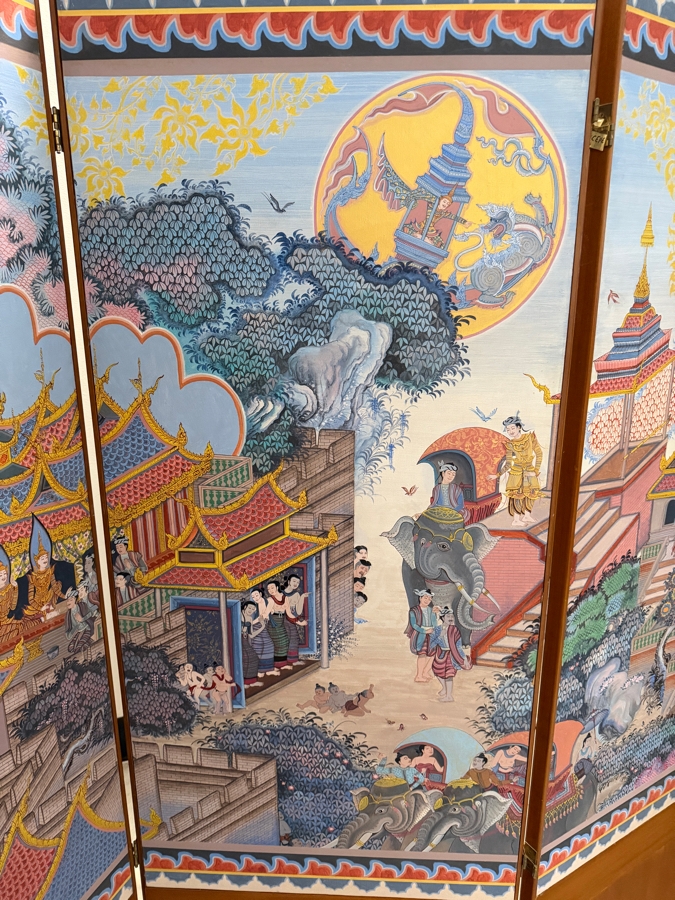 Large Vintage Hand-painted Four-Panel Room Divider Screen Artist Signed from Bangkok, Thailand (Heavy) 106'W X 69.5'H [Photo 5]