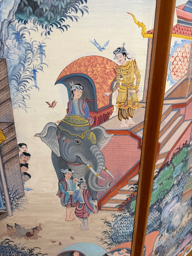 Large Vintage Hand-painted Four-Panel Room Divider Screen Artist Signed from Bangkok, Thailand (Heavy) 106'W X 69.5'H [Photo 7]