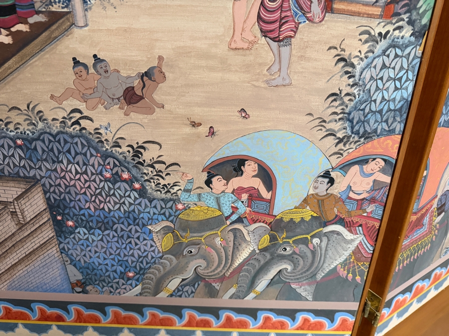 Large Vintage Hand-painted Four-Panel Room Divider Screen Artist Signed from Bangkok, Thailand (Heavy) 106'W X 69.5'H [Photo 8]