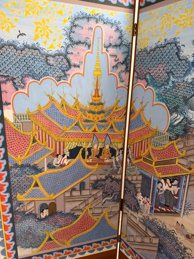 Large Vintage Hand-painted Four-Panel Room Divider Screen Artist Signed from Bangkok, Thailand (Heavy) 106'W X 69.5'H [Photo 3]