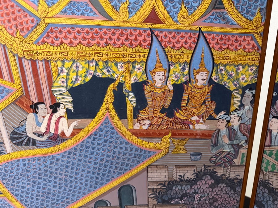 Large Vintage Hand-painted Four-Panel Room Divider Screen Artist Signed from Bangkok, Thailand (Heavy) 106'W X 69.5'H [Photo 4]